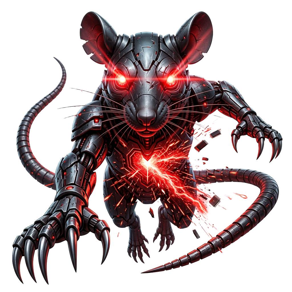 Mascote Influ Rat — rato cyberpunk vermelho