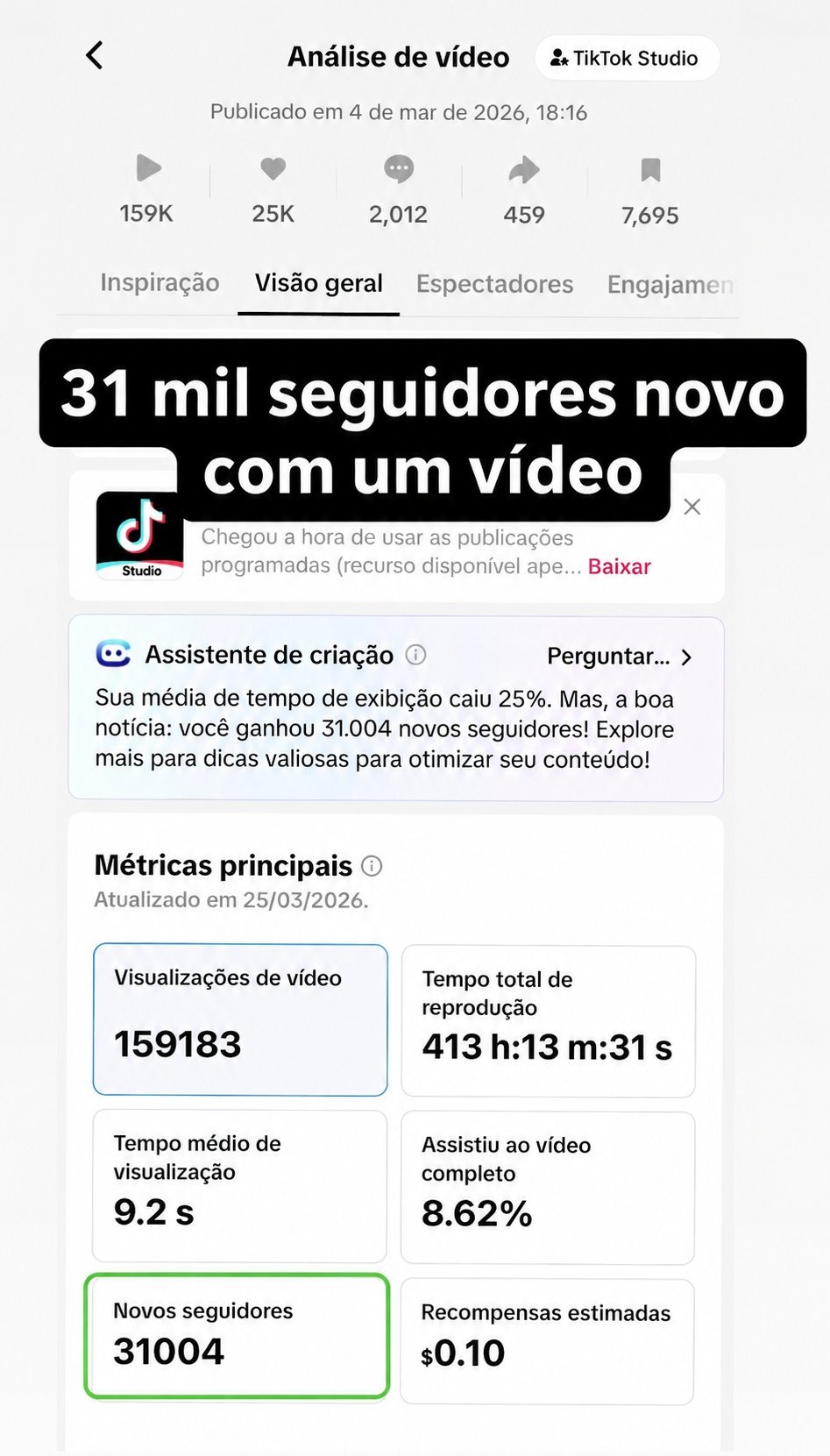 Print TikTok — 31 mil seguidores novos